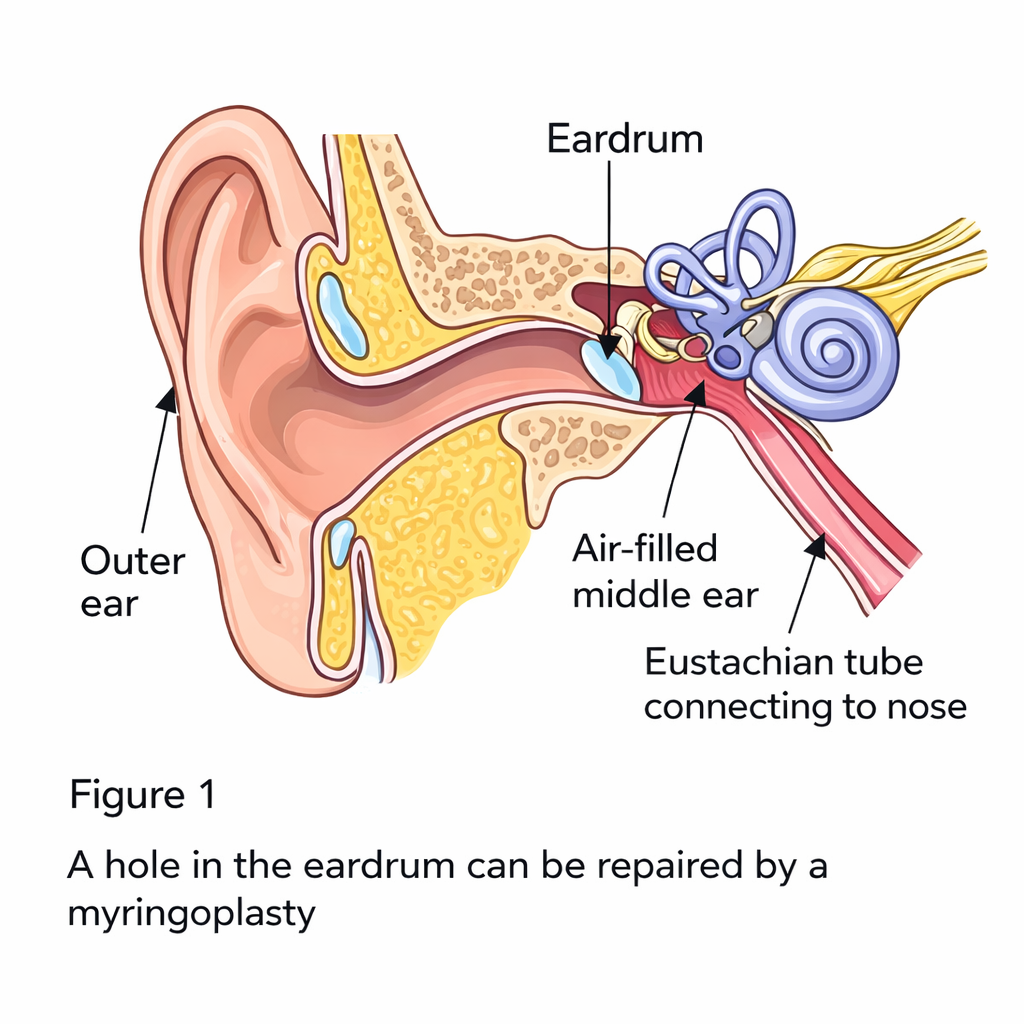 Alt text: Labeled diagram of the human ear showing the eardrum, middle ear, and Eustachian tube.