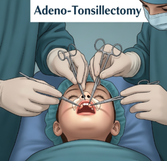 Child recovering after adenotonsillectomy with parent providing post-operative care at home